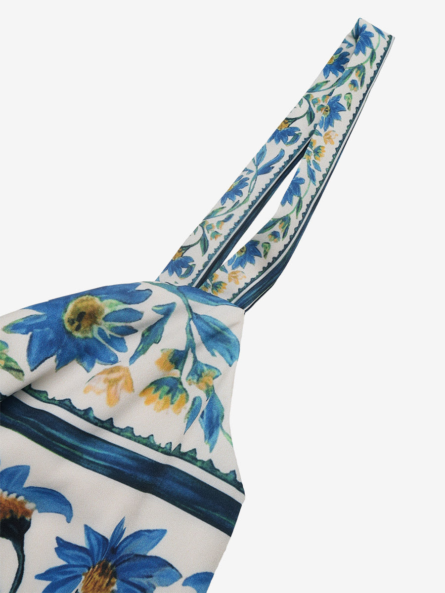 Women's Blue Floral Print Spaghetti Strap Maxi Dress Tie Front Tiered Flowy Summer Beach Dress