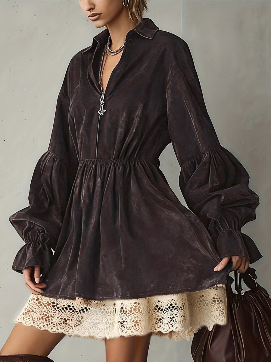 Daily Dresses For Women Mini Dresses Coffee Brown Lace Long Sleeves Turndown Collar Dress