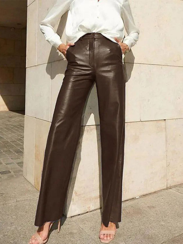 Pants Blue Buttons PU Leather Natural Waist Straight Trousers