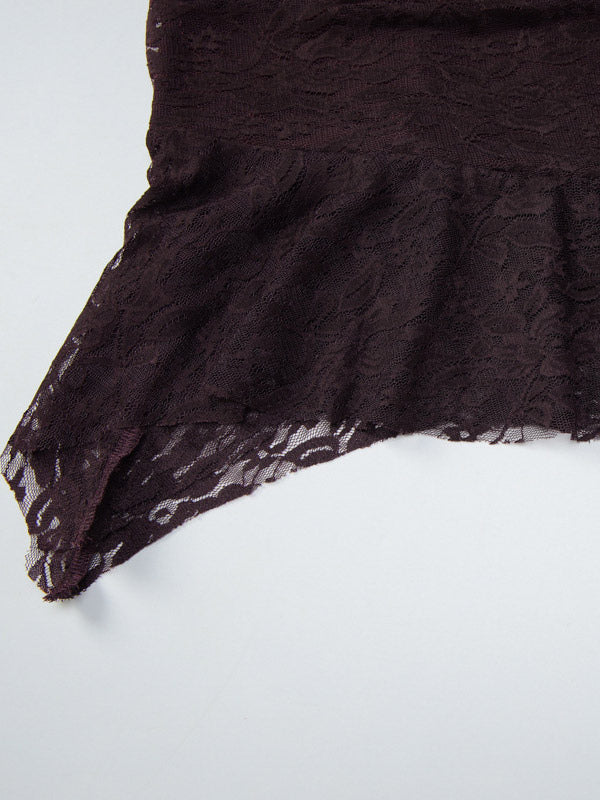 Deep Brown Ruched Lace Halter Mini Dress For Women Bold Casual Style