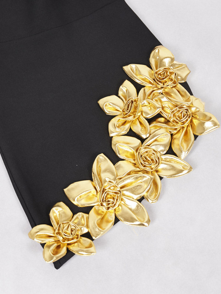 Party Dress Mini Black U-Neck Flowers Long Sleeves Sexy Semi Formal Dress