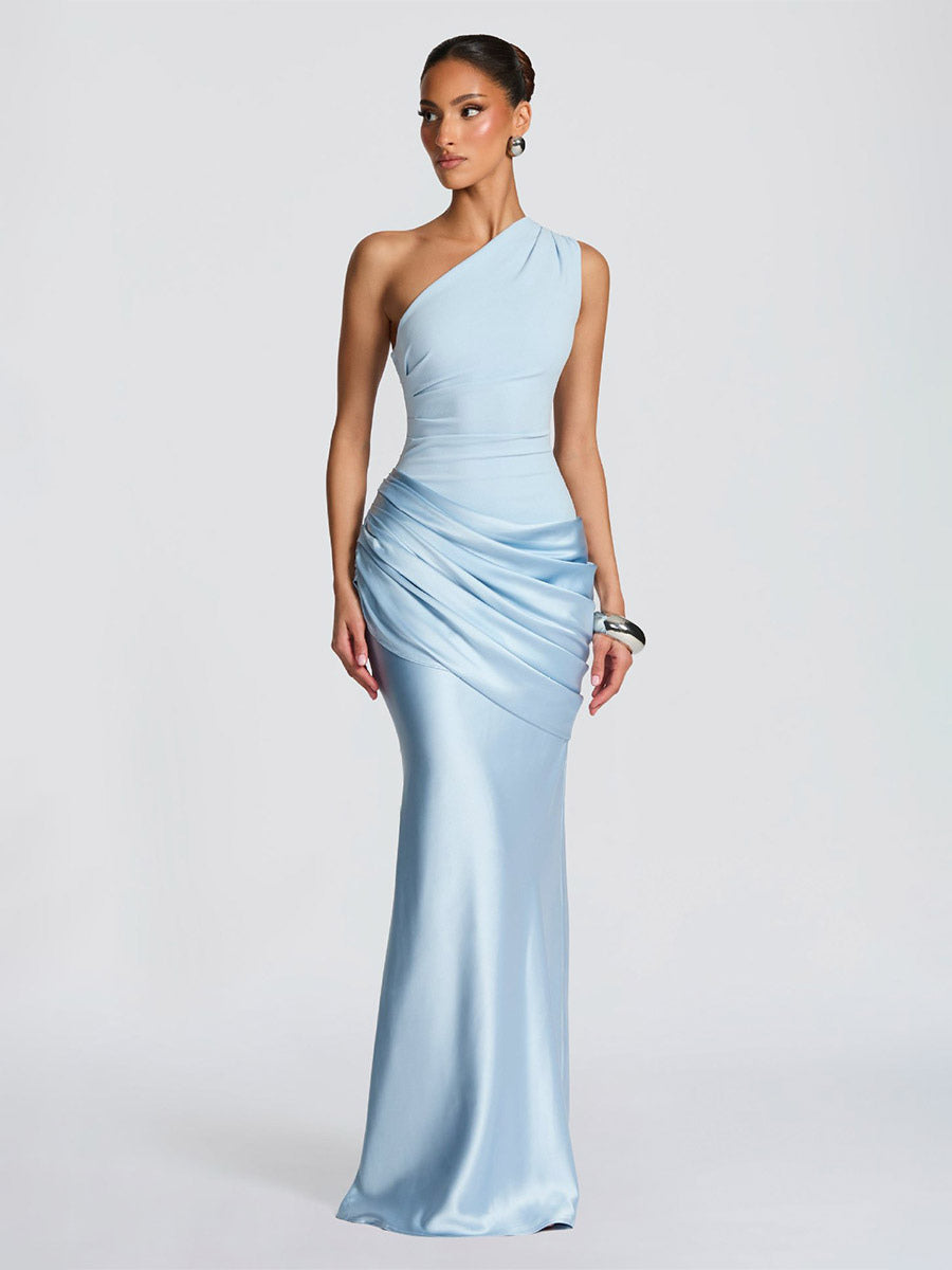 Evening Elegance Asymmetric Satin Maxi Dress In Deep Burgundy Flattering For Every Figure