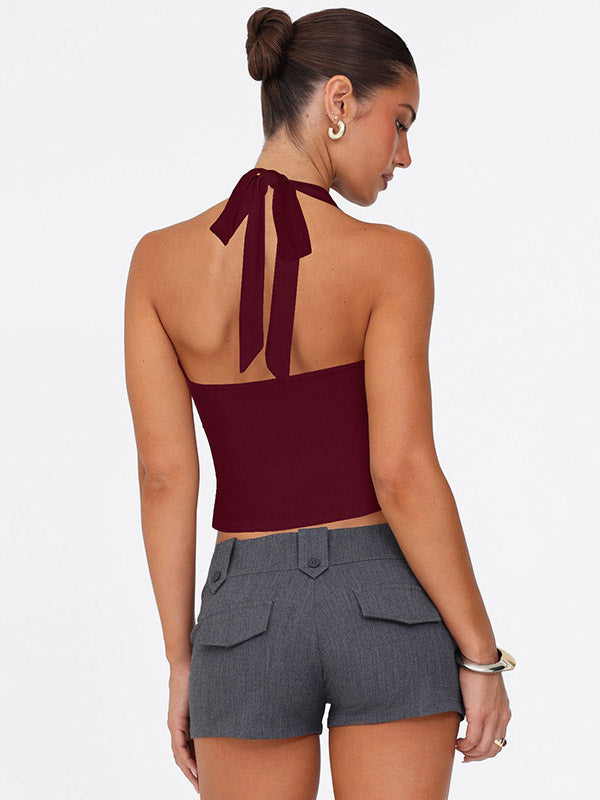 Burgundy Cami Top Halter Lace Up Buttons Chic Women Camis