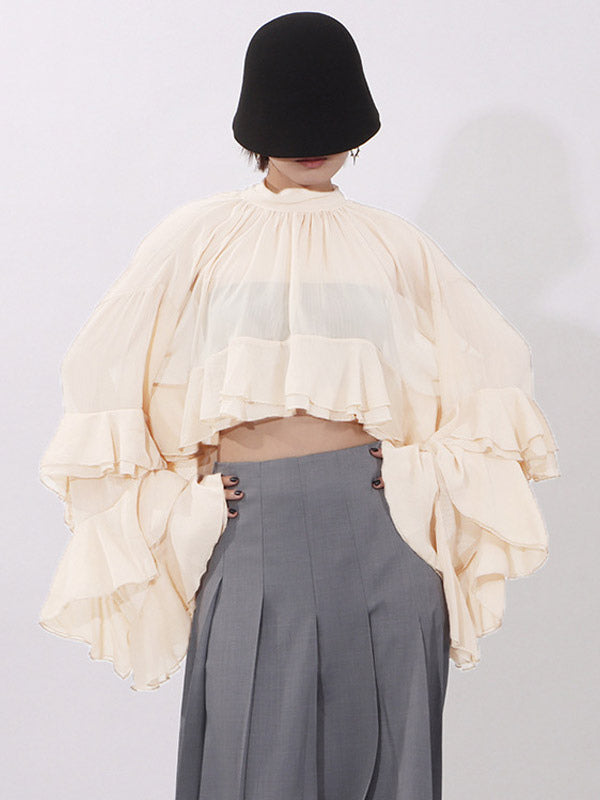 Blouse For Women Salmon Clothes Ruffles Pleated High Collar Chic Long Sleeves Tops