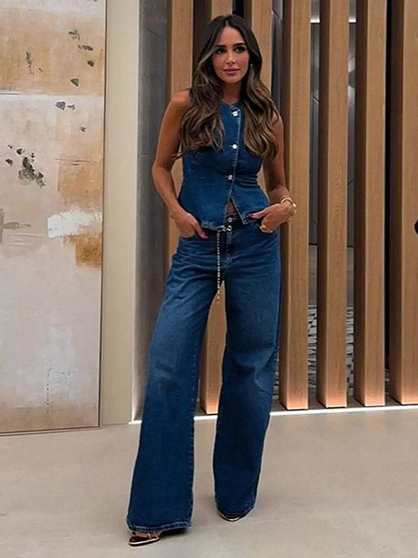 Two Piece Sets Blue Chic Street Wear Jewel Neck Sleeveless Pant Set