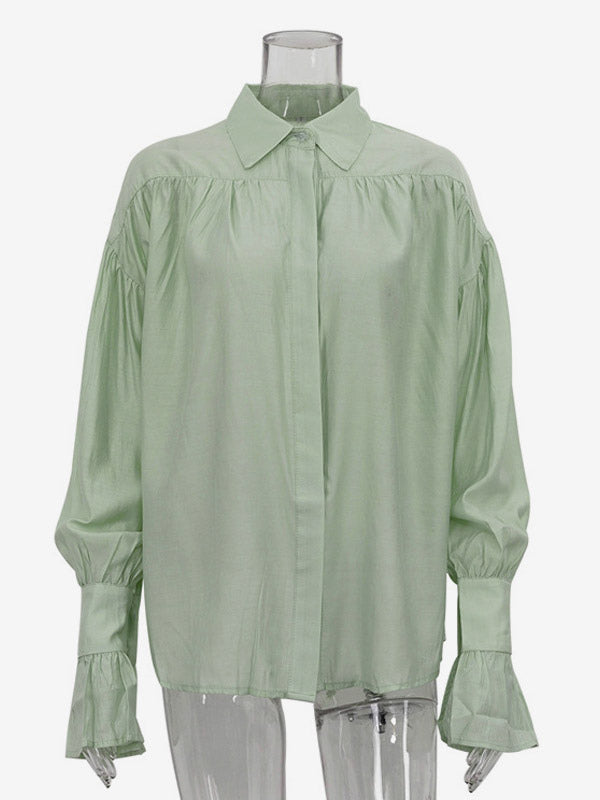 Shirt For Women Brown Turndown Collar Clothes Casual Pleated Buttons Long Sleeves Tops