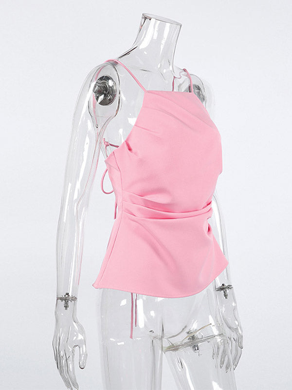 Pink Cami Top Straps Neck Pleated Backless Chic Women Camis
