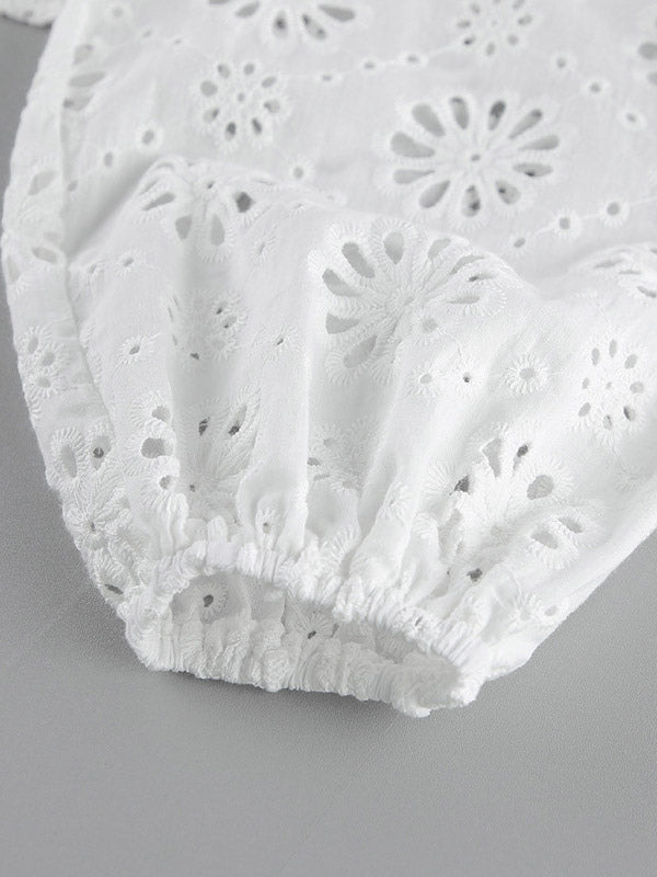 Blouse For Women White Lace Up V-Neck Chic Half Sleeves Cotton Tops