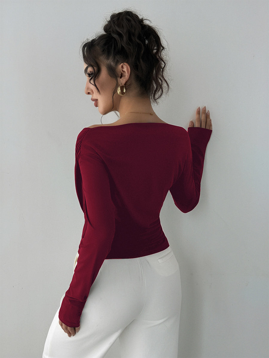 Long Sleeves Tees Black Asymmetrical Neck Polyester Tee Shirt For Women