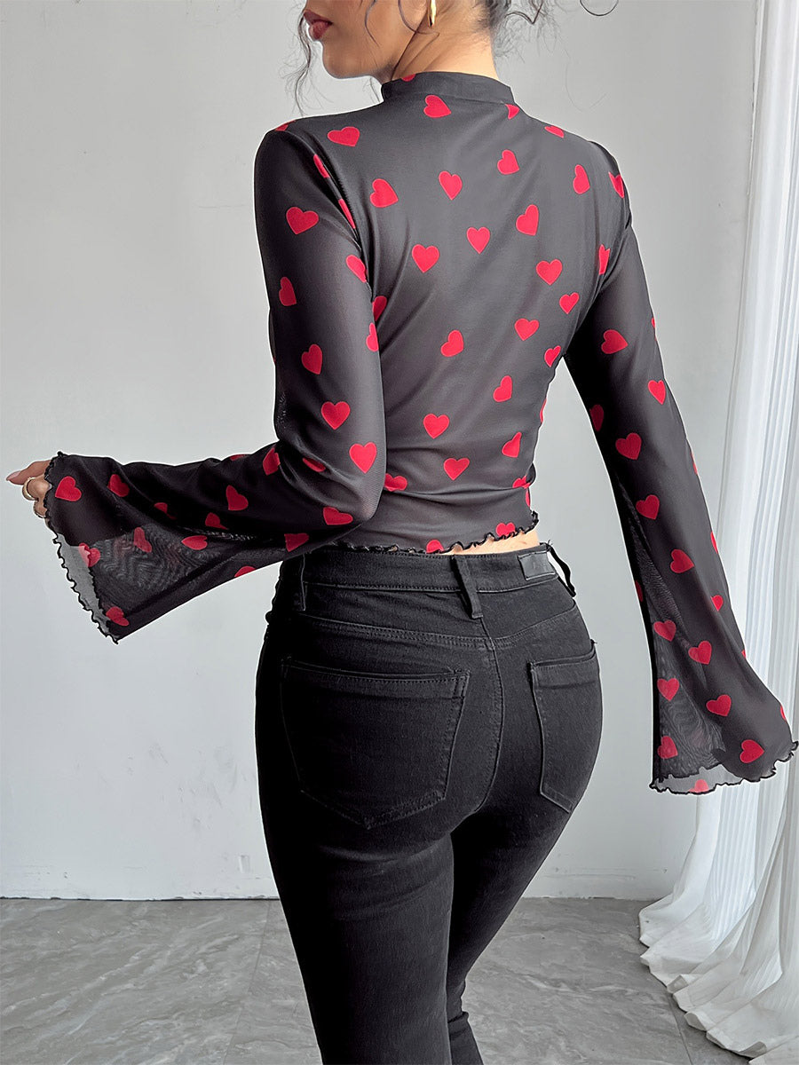Long Sleeves Tees Brown Floral Print Stand Collar Polyester Women Tee