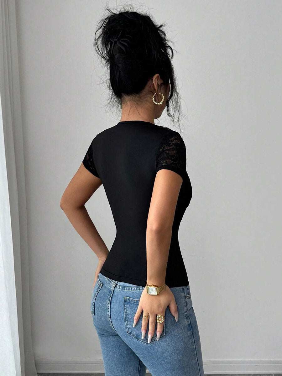 Short Sleeves Tees Black Lace Asymmetrical Neck Women Tee Shirt
