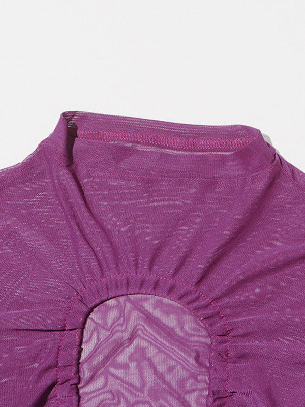 Women Crop Top Purple High Collar Casual Cut Out Rawstring Long Sleeves Tops