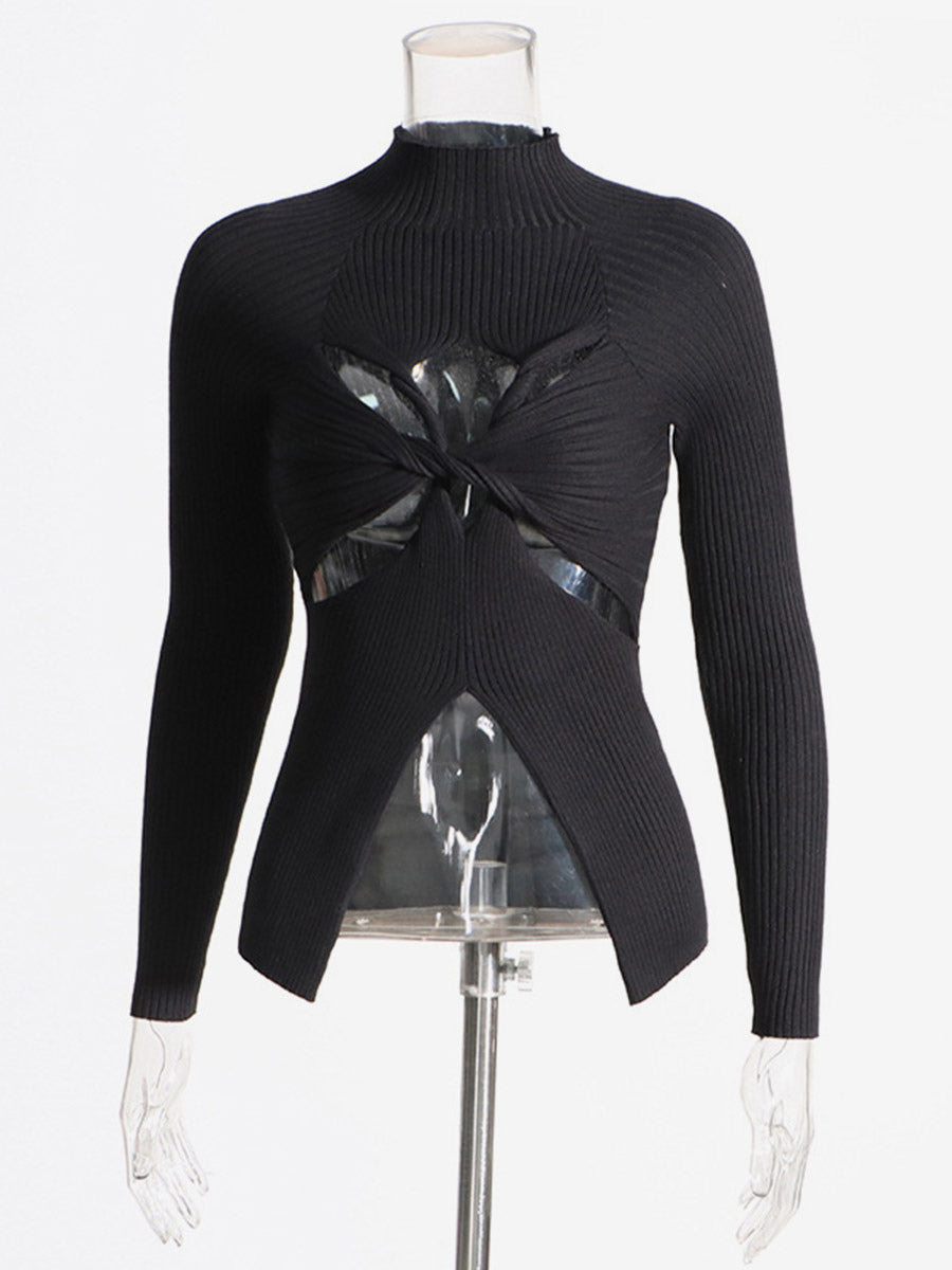 Long Sleeves Tees Black Cut Out Twisted High Collar T Shirt For Women
