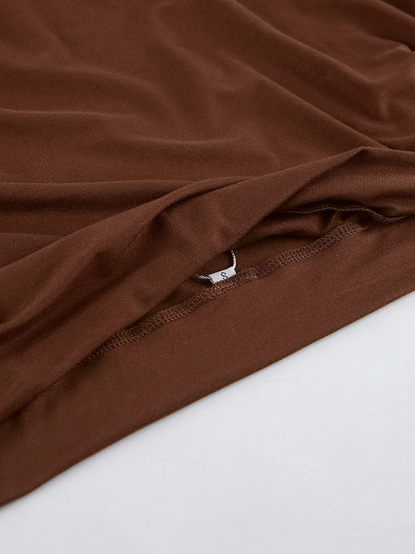 Blouse For Women Brown Cotton Off-The-Shoulder Casual Ruched Short Sleeves Tops