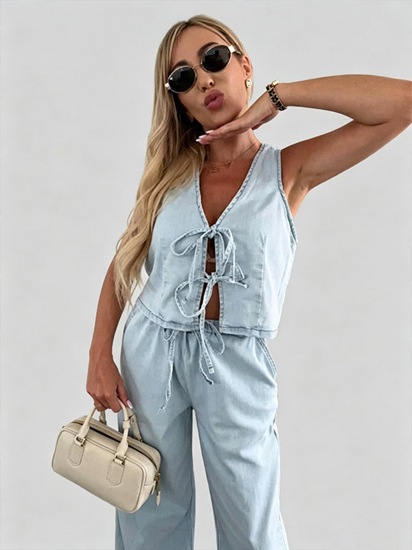Two Piece Sets Blue Casual Street Wear V-Neck Sleeveless Pant Set