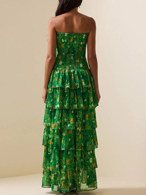 Party Dress Maxi Green Strapless Tiered Sleeveless Casual Semi Formal Dress