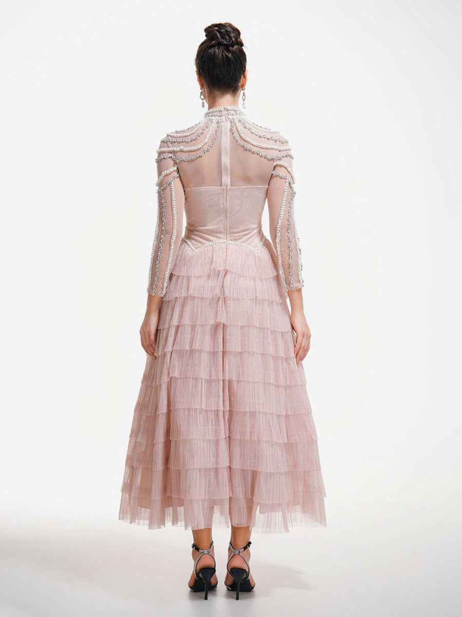 Party Dress Maxi Pink Stand Collar Beaded Long Sleeves Layered Flared Sleeves Chic Semi Formal Dress