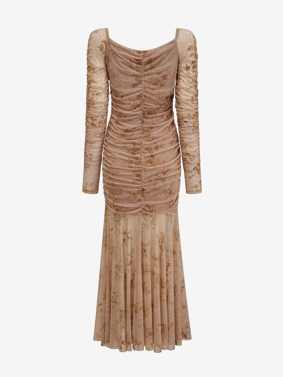 Party Dress Maxi Light Apricot Stand Collar Pleated Long Sleeves Printed Casual Dress