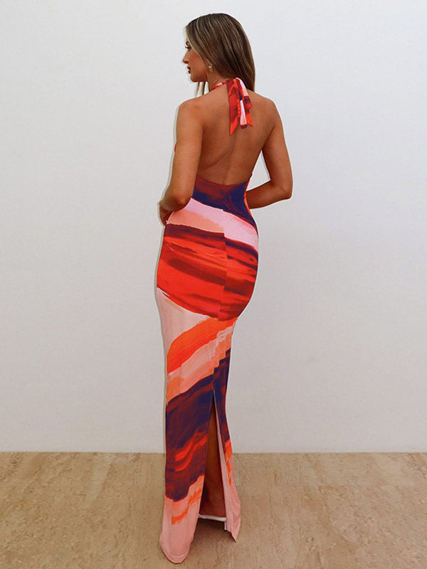 Vacation Dresses Maxi Backless Sleeveless Lace-up U-Neck Chic Orange Dress