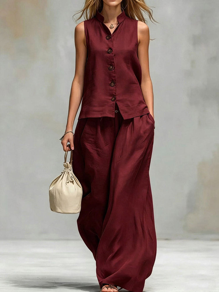 Two Piece Sets Brown Chic Daily Casual Cotton Linen Stand Collar Sleeveless Pant Set