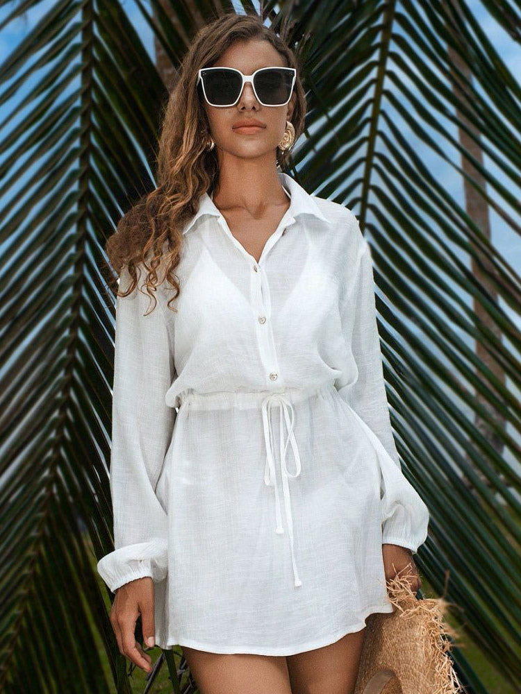 Vacation Dresses Shaping Buttons Long Sleeves Turndown Collar Chic White Dress