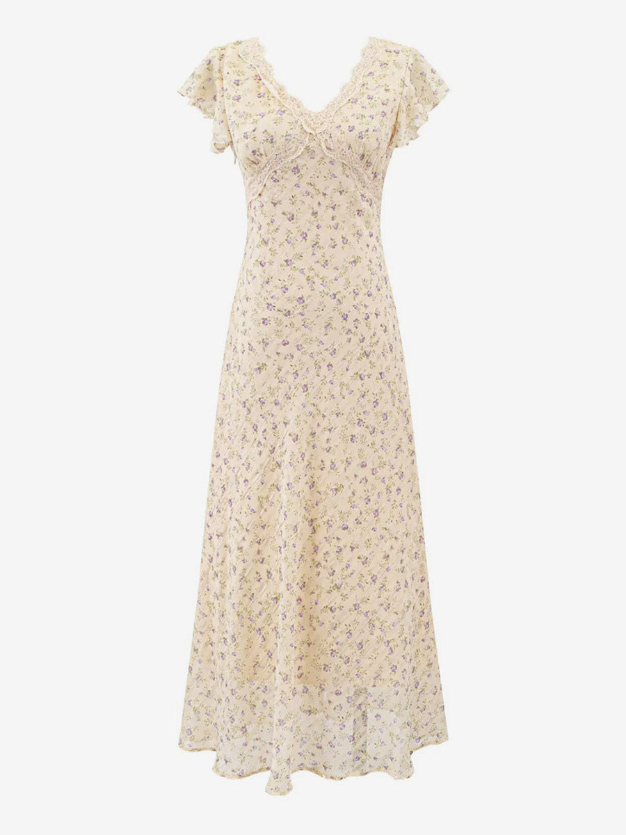 Daily Dresses Black Shaping Lace Short Sleeves High Collar Raised Waist Cap Sleeves Dress