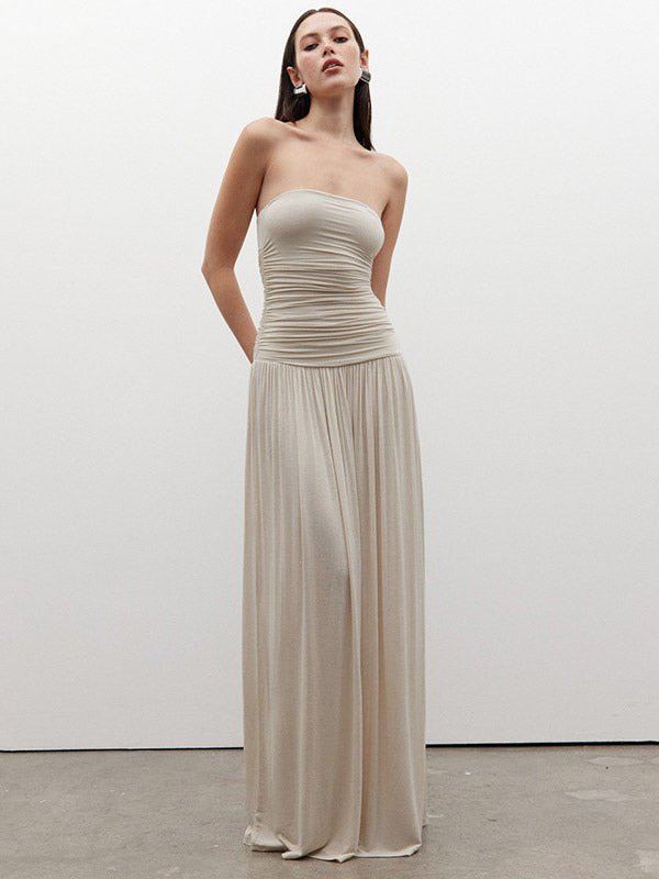 Party Dress Maxi Brown Strapless Pleated Sleeveless Clothes Sexy Semi Formal Dress