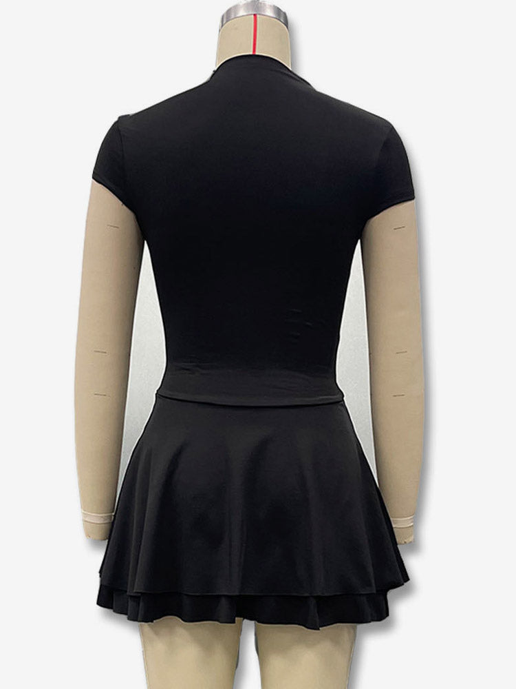 Party Dress Mini Khaki High Collar Pleated Short Sleeves Clothes Sexy Semi Formal Dress