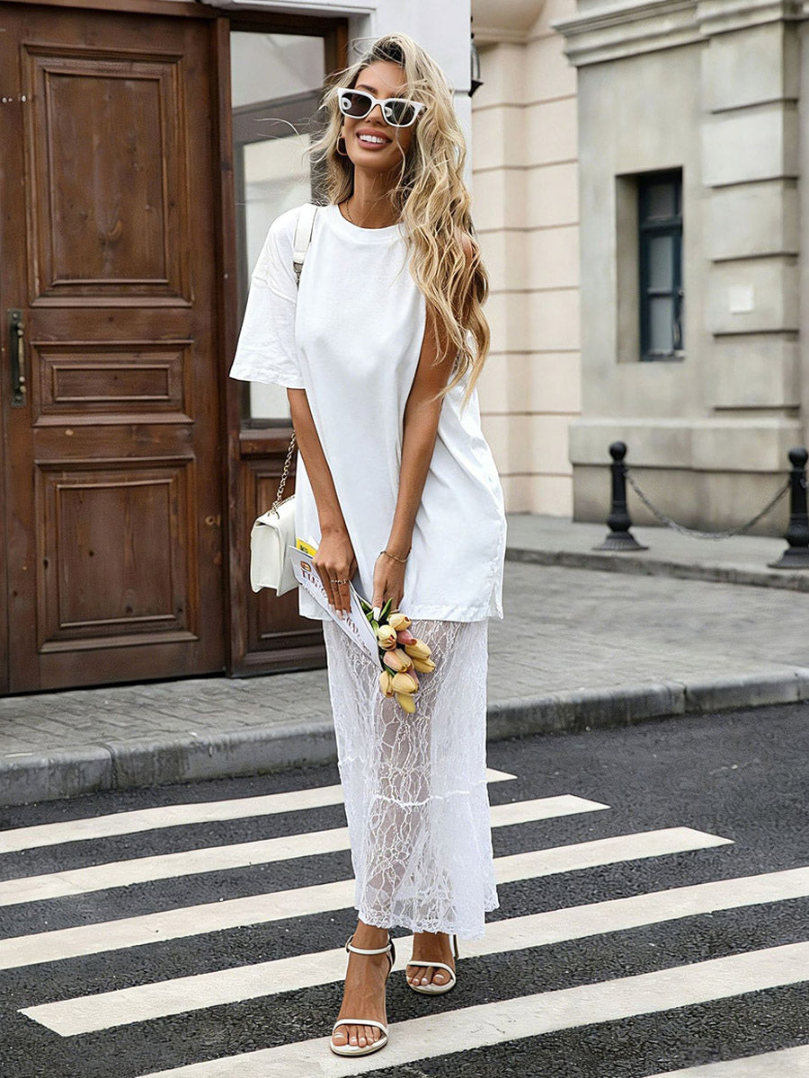 Date Night Dresses Maxi Lace Short Sleeves Jewel Neck Elegant White Dress
