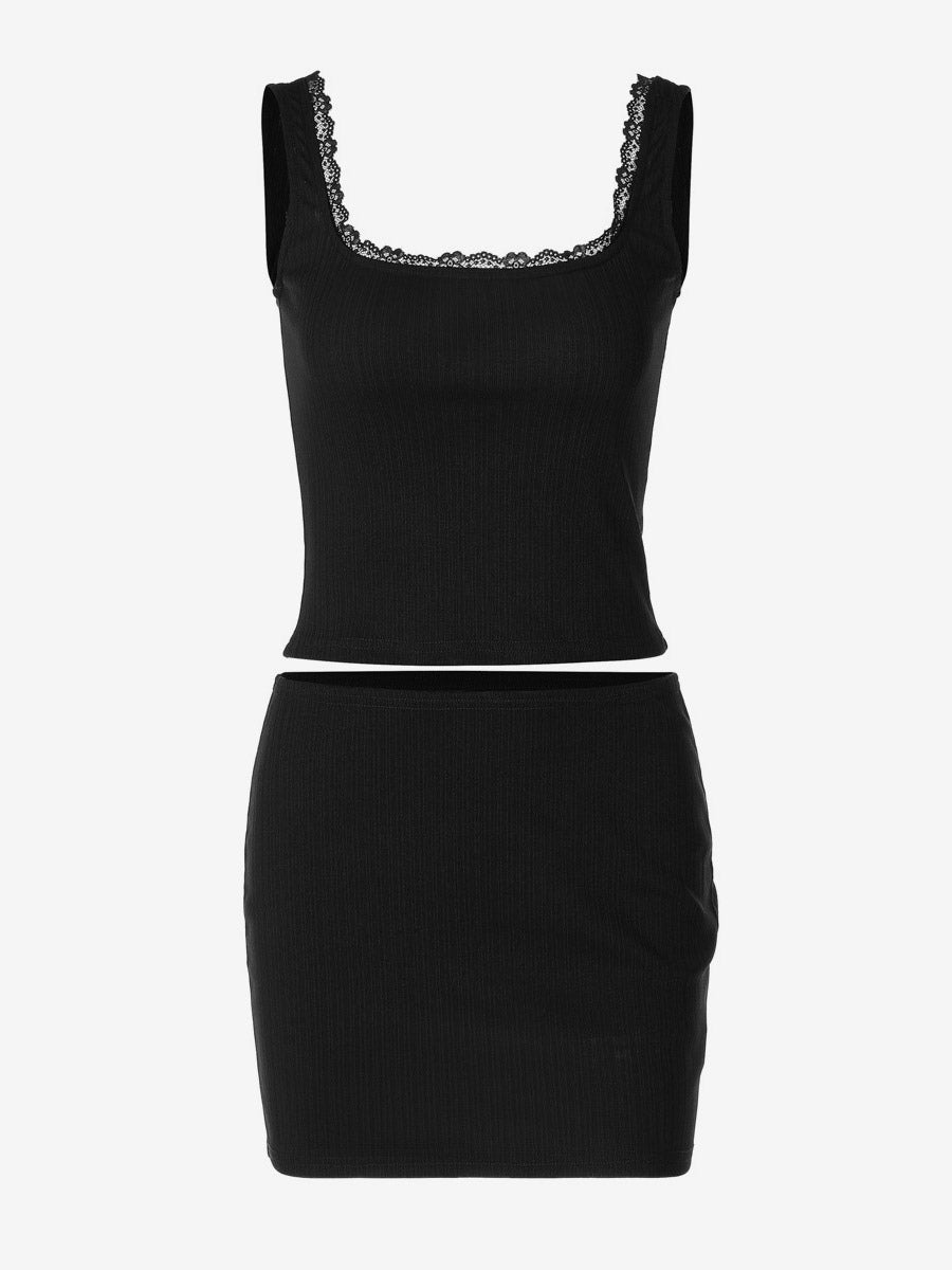 Two Piece Sets Black Sexy Lace Daily Casual Polyester Straps Neck Sleeveless Skirt Set