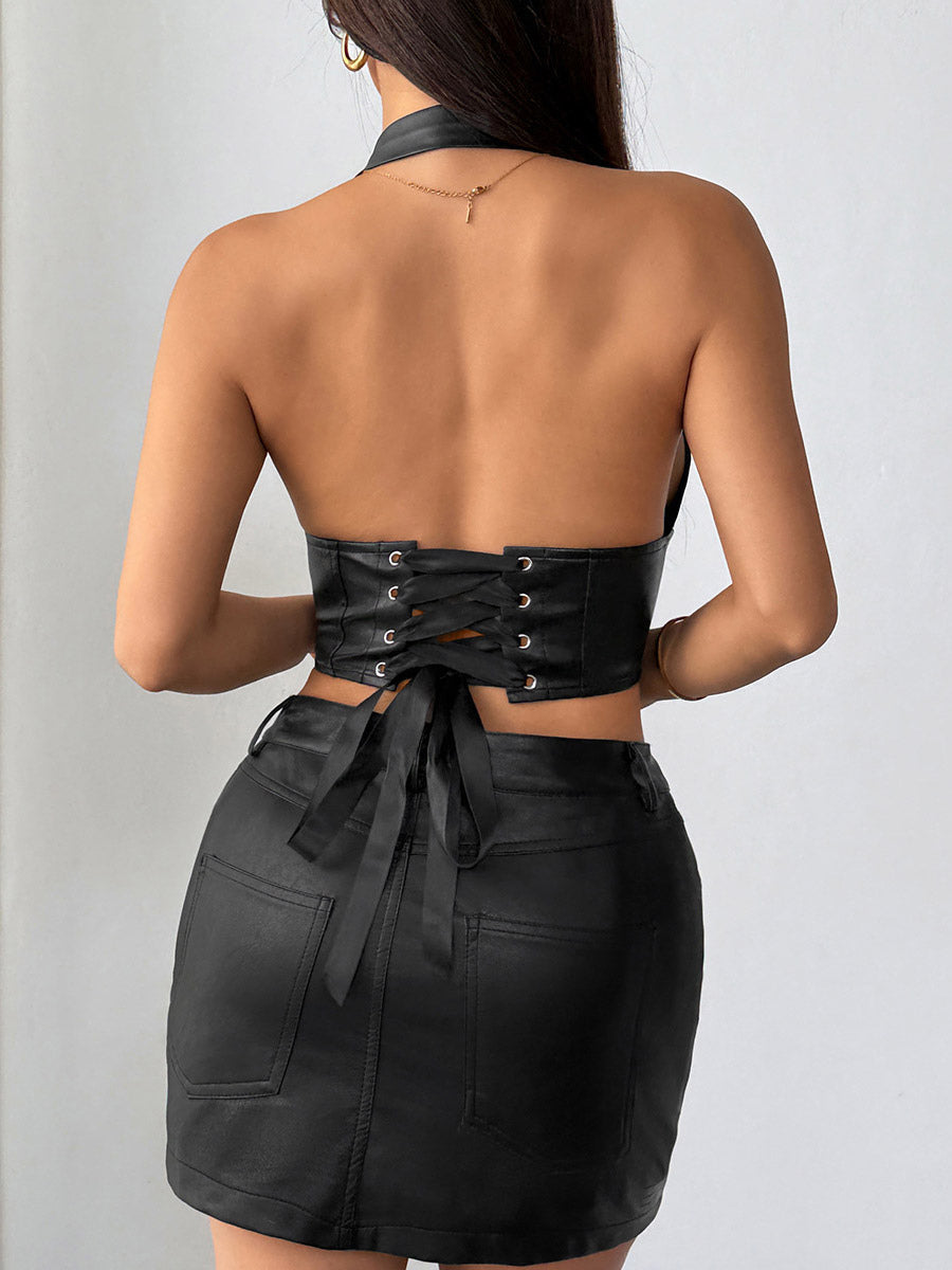 Corset Tops Burgundy Sexy Sleeveless Slim Fit Lace Lace-up Tops