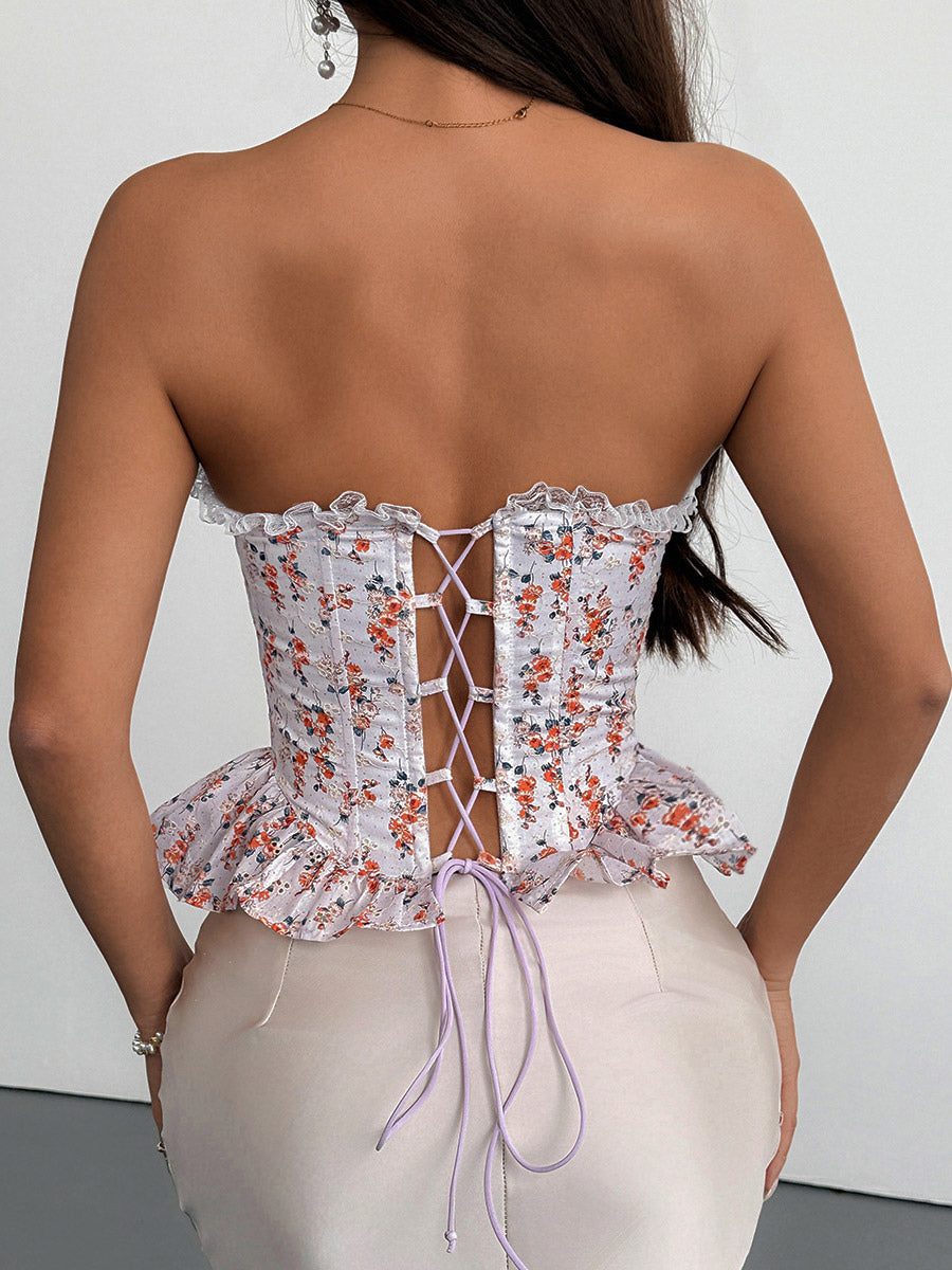 Corset Tops Pink Chic Sleeveless Strapless Slim Fit Lace Lace-up Tops