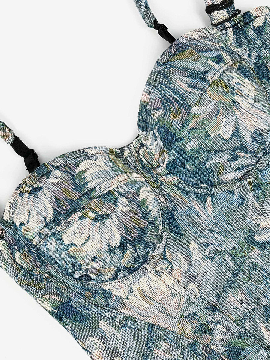 Corset Tops Blue Retro Sleeveless Strapless Printed Slim Fit Tops