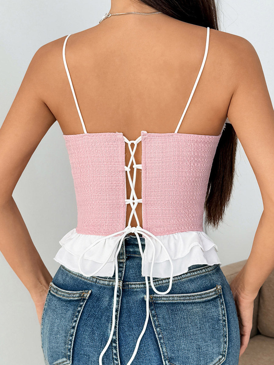 Corset Tops Coquette Pink Ruffles Sexy Sleeveless Straps Neck Peplum Lace-up