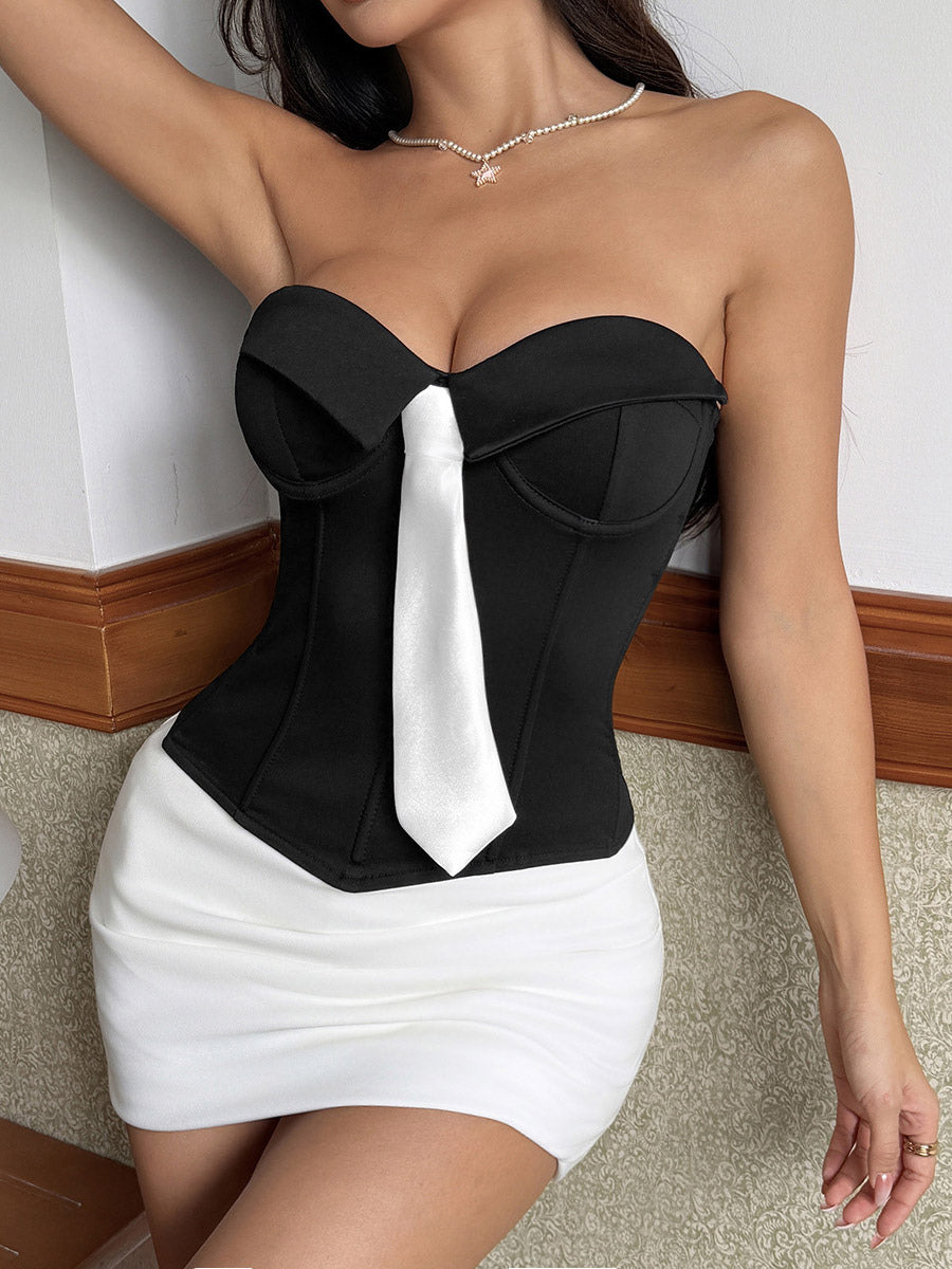 Corset Tops White Sexy Sleeveless Gray Strapless Blazer-Style With Striped Tie