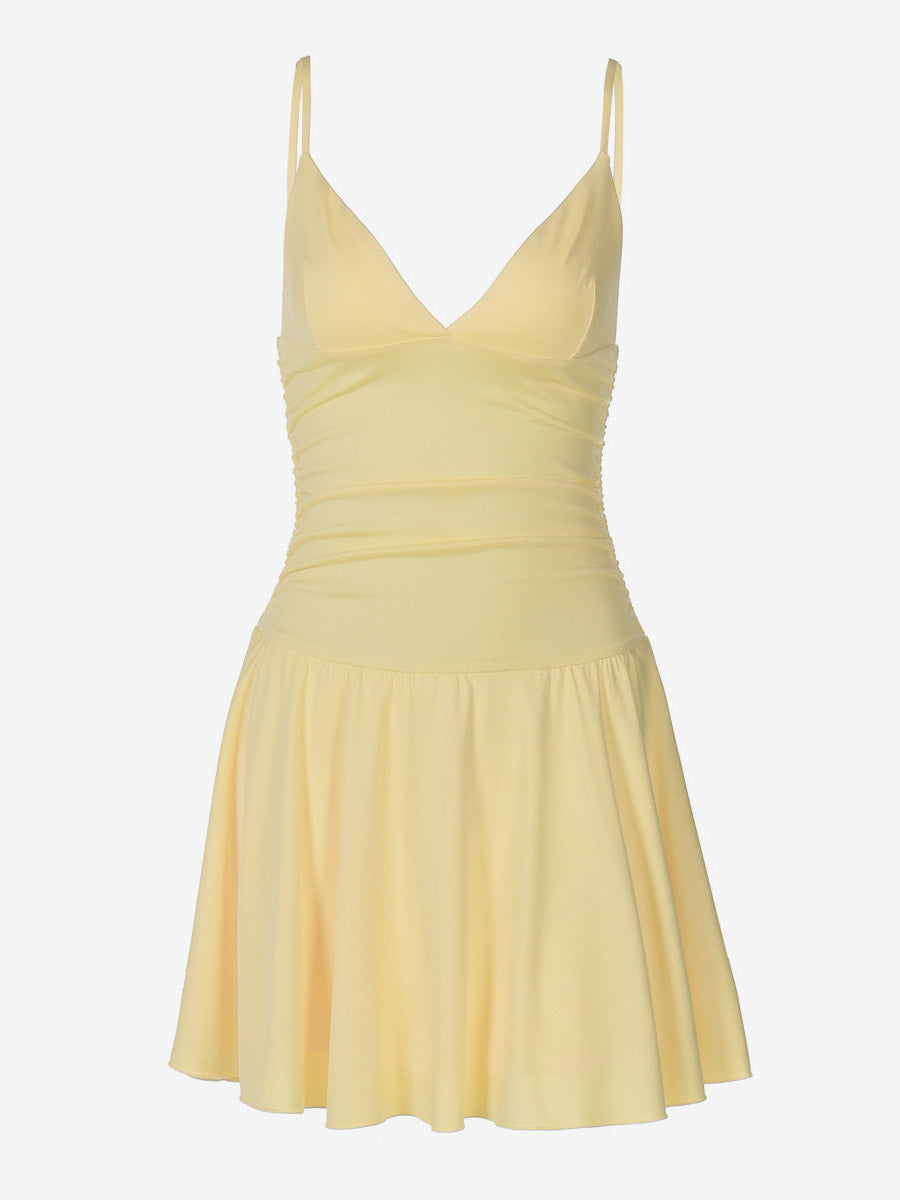 Date Night Dresses Mini Lace Up Sleeveless Backless Straps Neck Sexy Yellow Dress