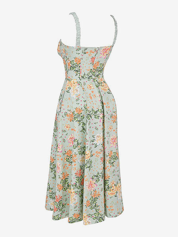 Date Night Dresses Midi Backless Flowers Drawstring Sleeveless Floral Print V-Neck Casual Green Dress