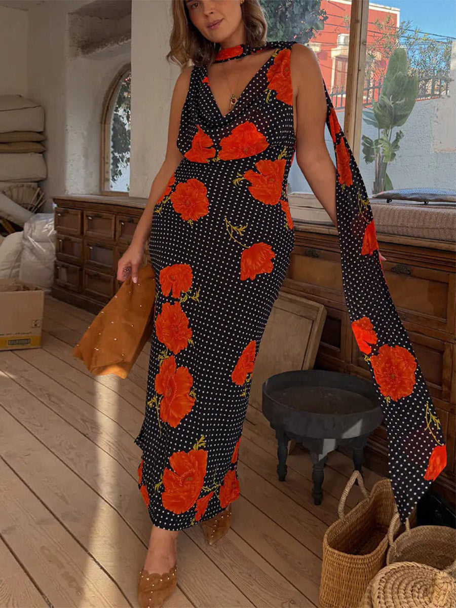 Vacation Dresses Maxi Backless Sleeveless Floral Print Cowl Neck Chic Brown Dress
