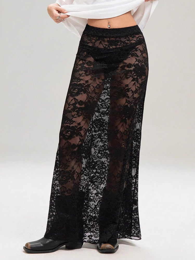 Skirts Black Natural Waist Sexy Sheer Long Women's Bottoms