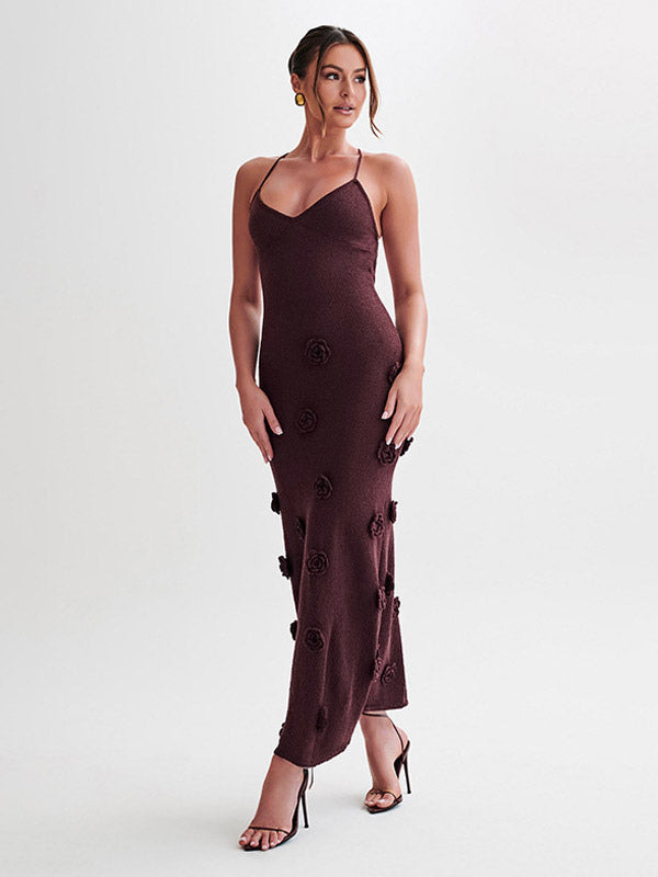 Vacation Dresses Flower Shaping Flowers Sleeveless Straps Neck Chic Coffee Brown Dress