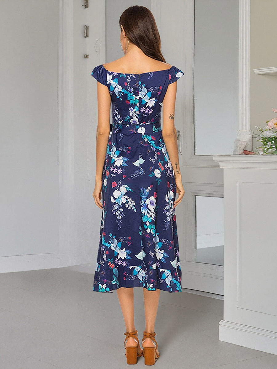 Floral Dress Floral Print Off-The-Shoulder Sleeveless Zipper Elegant Summer Long Dress