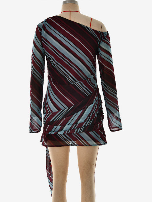 Daily Dresses Woman's Long Sleeves One-Shoulder Chic Purple Dress