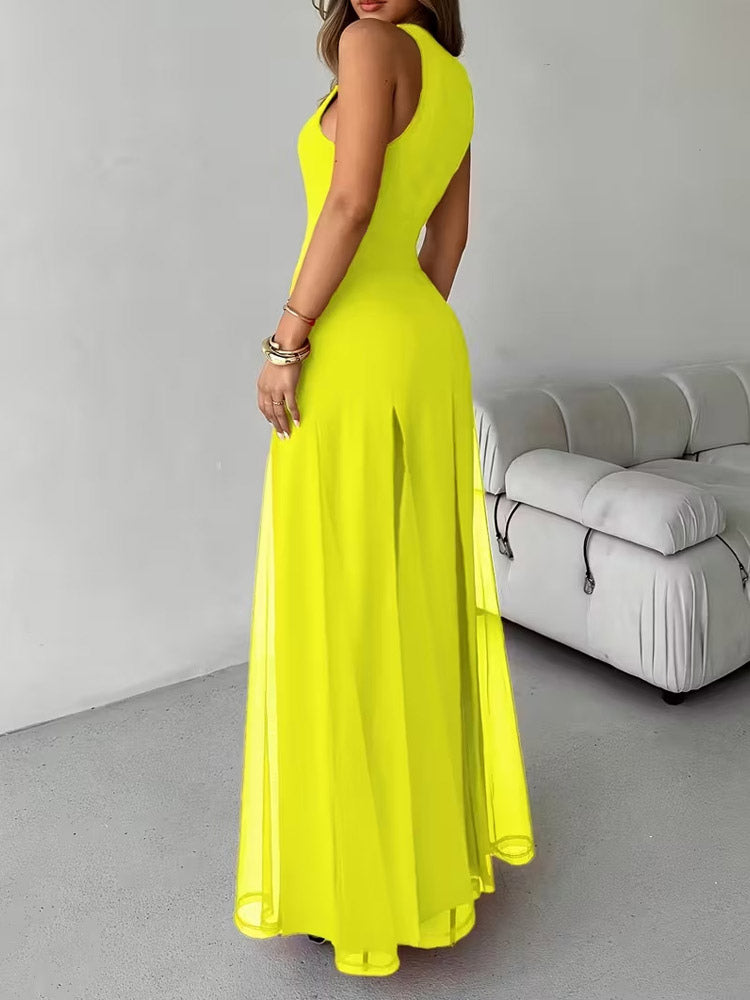 Party Dress Maxi Orange Jewel Neck Pleated Sleeveless Elegant Semi Formal Dress