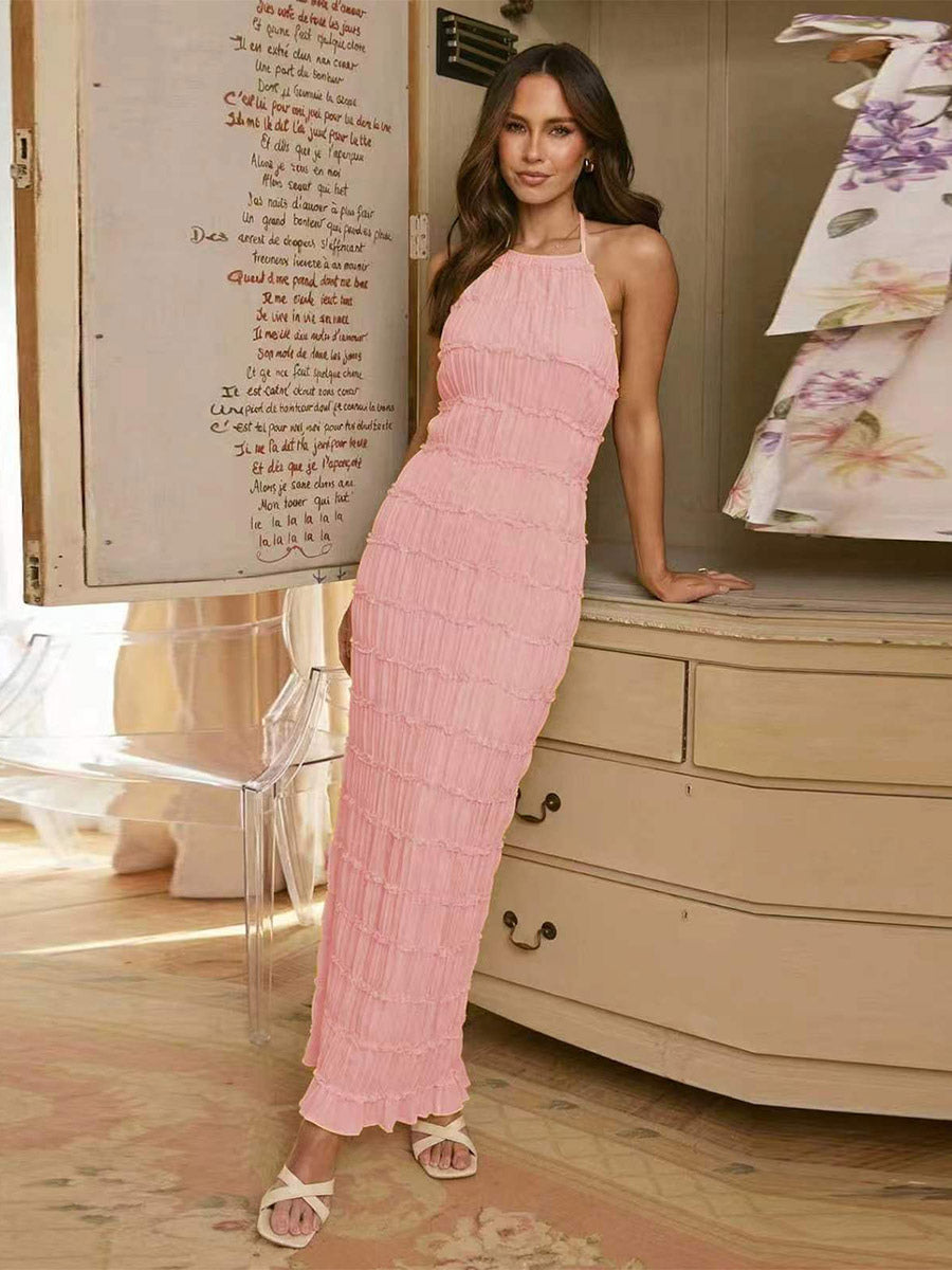 Party Dress Maxi Yellow Halter Pleated Sleeveless Backless Elegant Semi Formal Dress