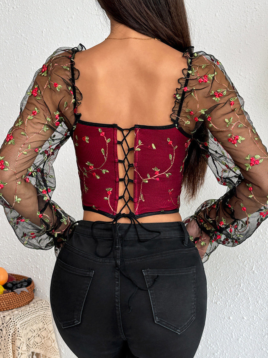 Corset Tops Black Chic Illusion Sleeves Long Sleeves Straps Neck Slim Fit Sheer Lace-up Tops