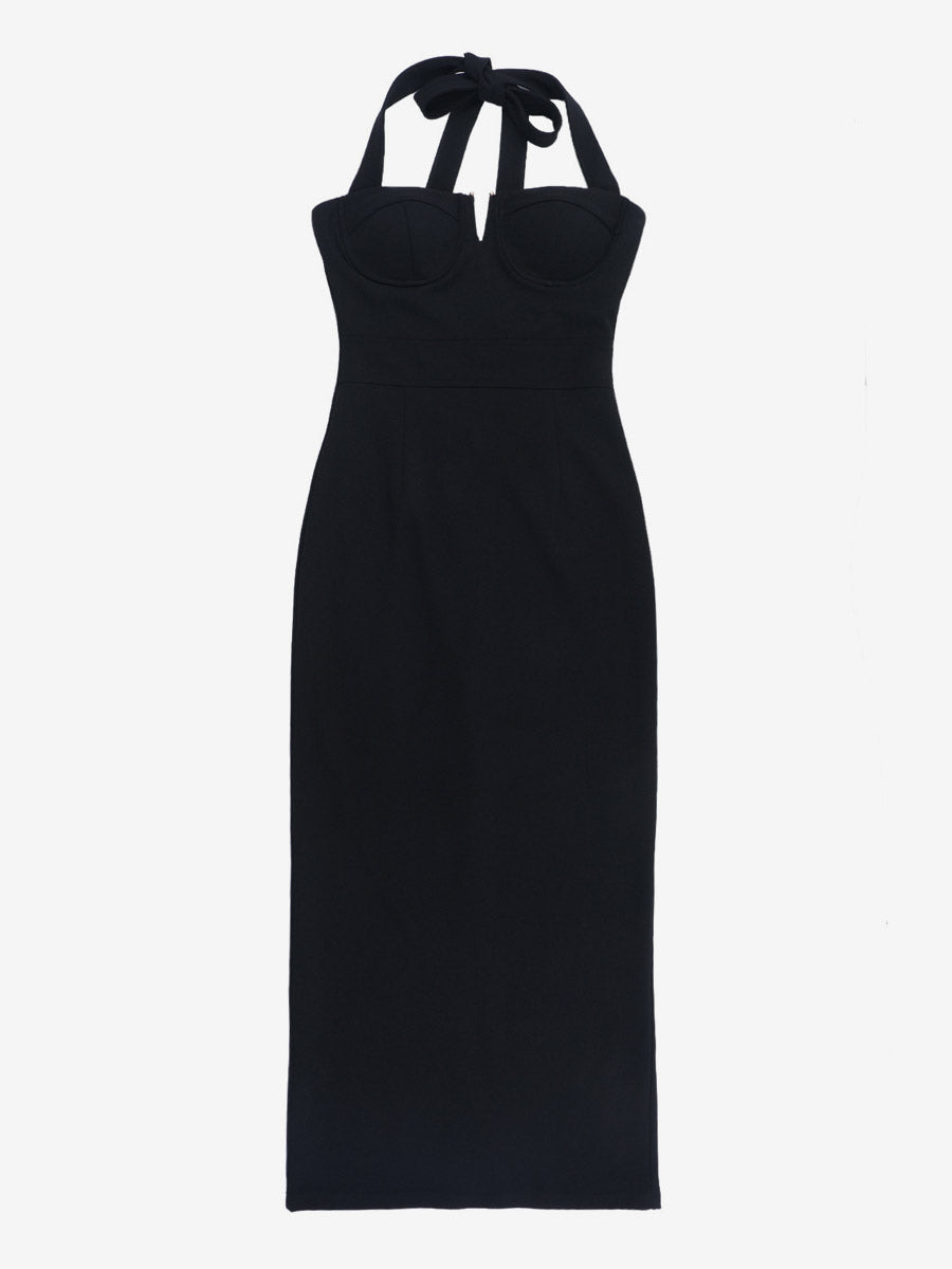 Date Night Dresses Maxi Backless Lace Up Sleeveless Halter Elegant Black Dress