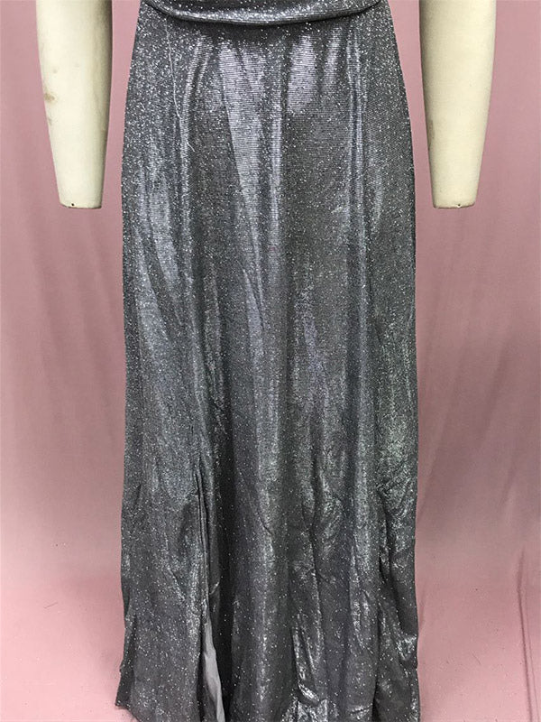 Party Dress Maxi Dazzling Blue V-Neck Sequins Sleeveless Open Shoulder Chic Semi Formal Dress