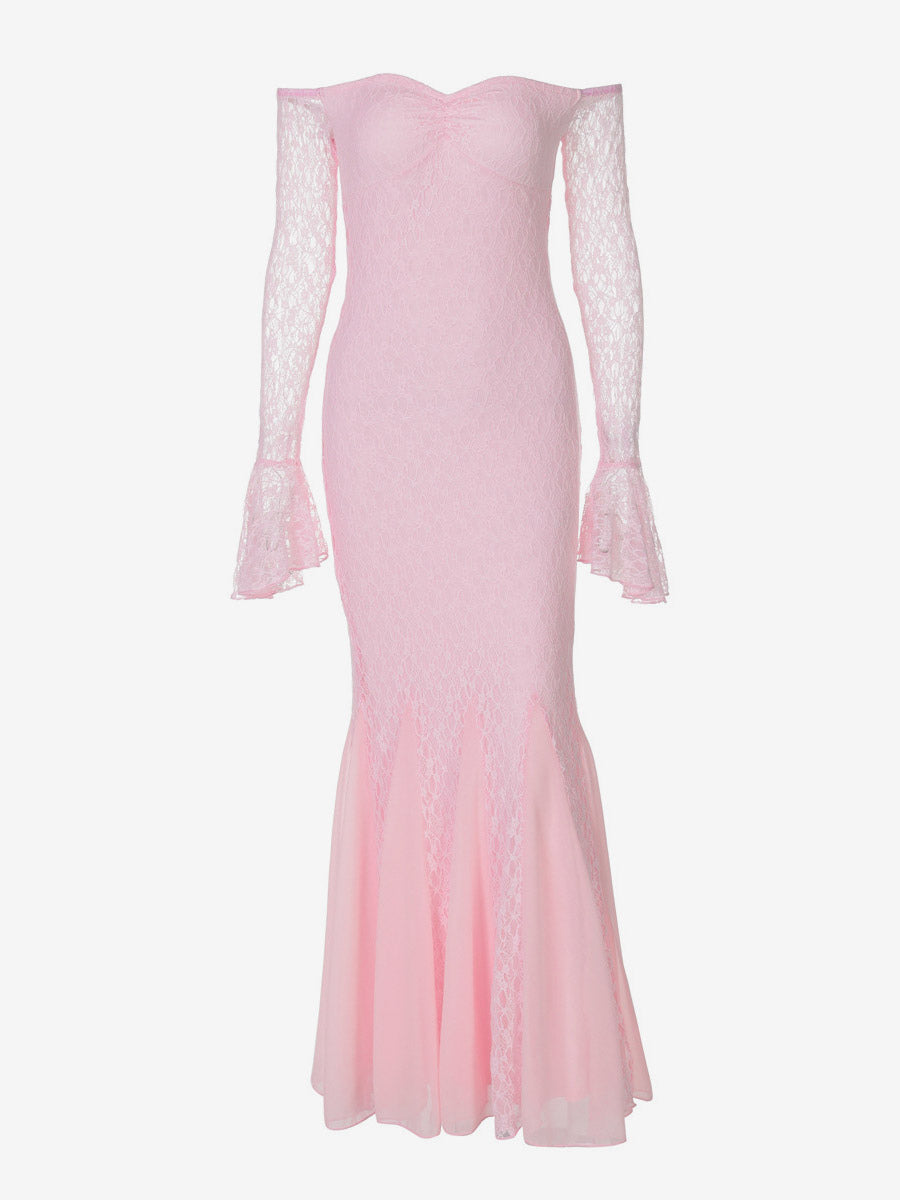 Party Dress Maxi Pink Off-The-Shoulder Lace Long Sleeves Pleated Chic Semi Formal Dress