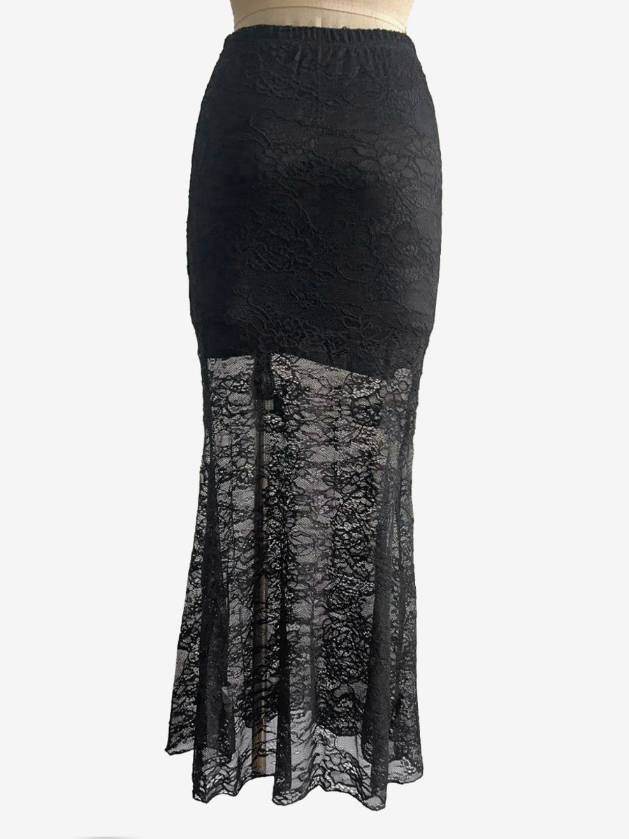 Skirts Black Lace Raised Waist Elegant Sheer Long Women's Bottoms