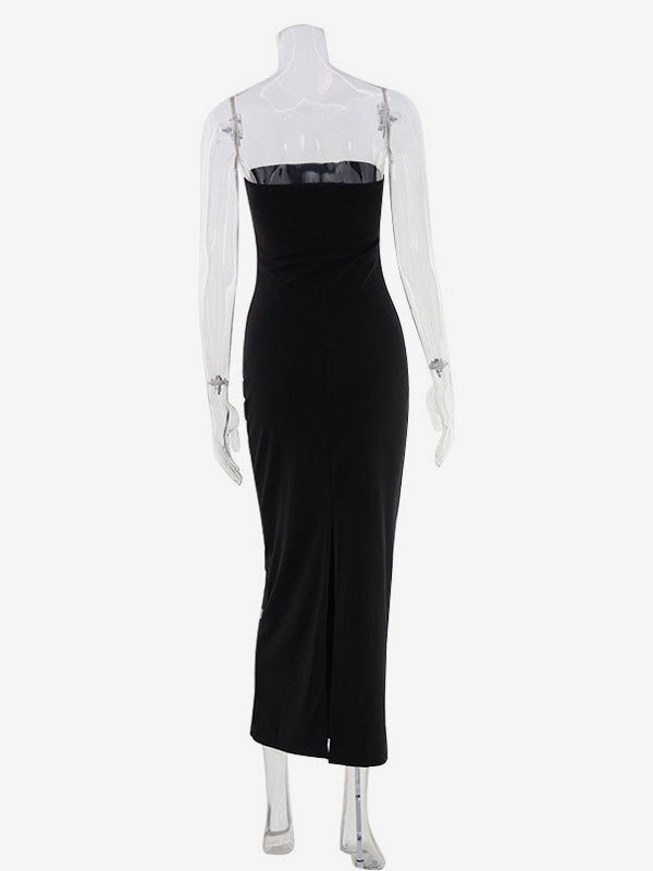 Night Out Dresses Strapless Rhinestone Embellished Bodycon Midi Dress Back Split Evening Gown